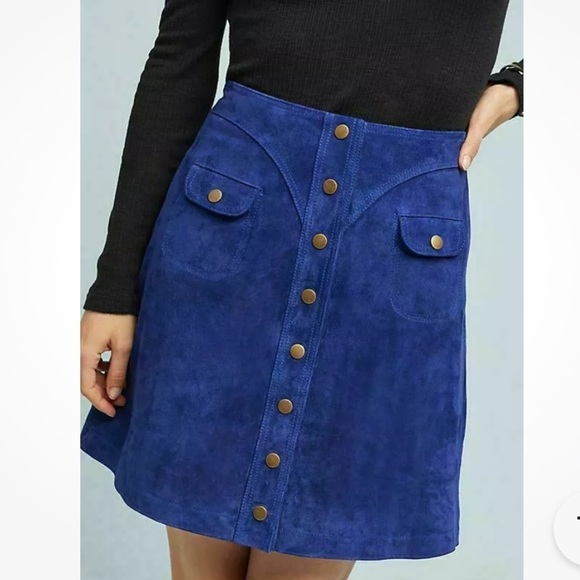 Anthropologie Vintage Suede 70’s Inspired Button-Front Skirt Cobalt - Picture 10 of 12